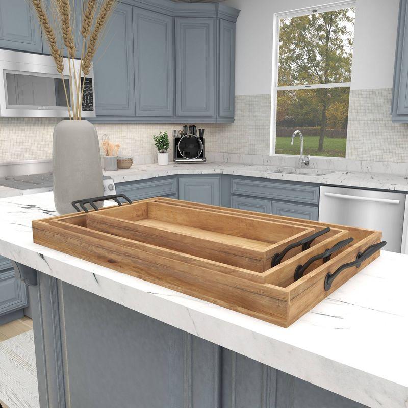 Set of 3 Farmhouse Slat Style Mango Wood and Iron Trays Brown - Olivia & May: Ottoman, Basket Design, 24-Inch