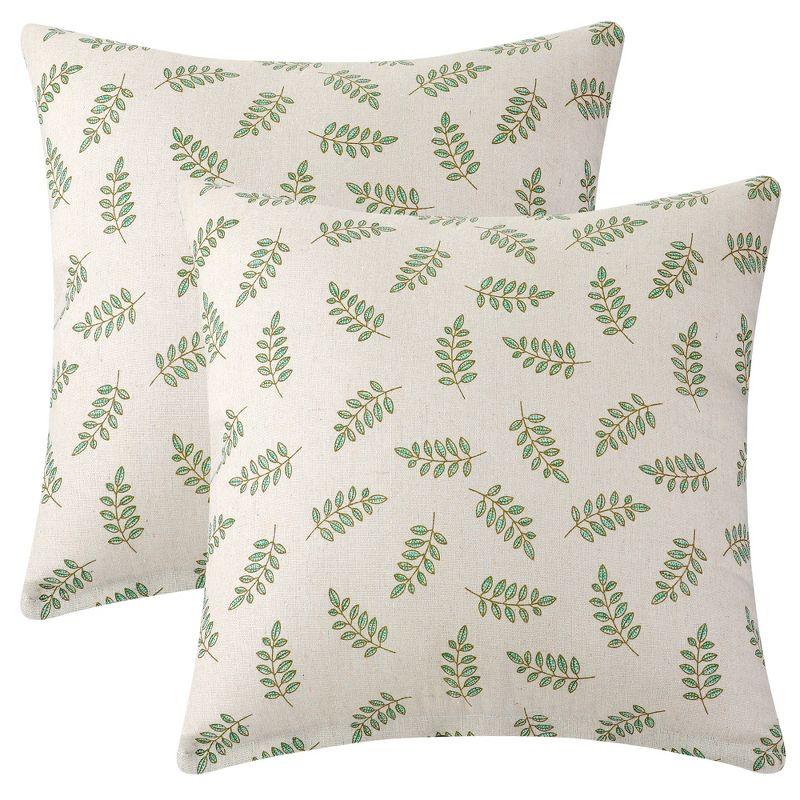 Leaf-Printed Beige and Green Cotton Pillow Covers 20'' x 20''