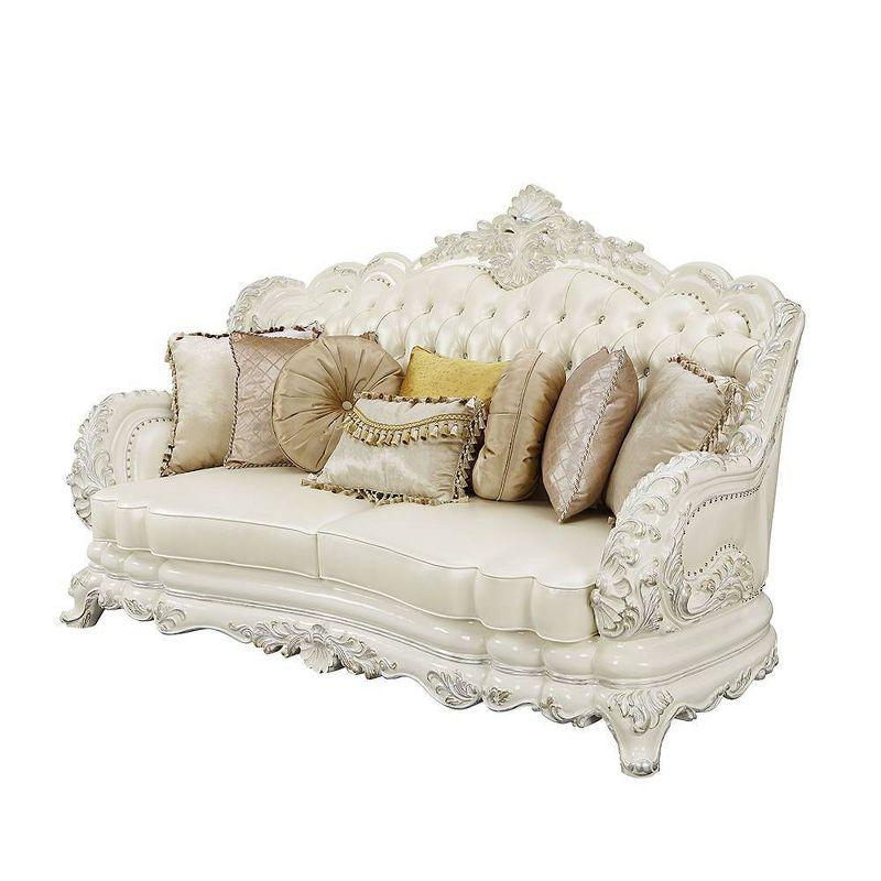 90" Adara Sofa White Synthetic Leather and Antique White Finish - Acme Furniture: Luxurious Nailhead Trim, Wood Frame, 7 Pillows Included