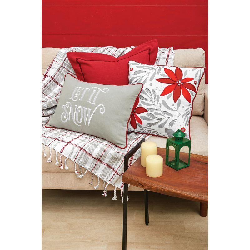 Poinsettia & Mistletoe Embroidered Throw Pillow