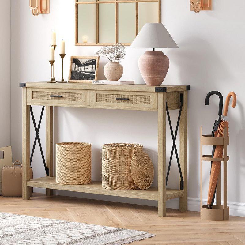 Farmhouse Light Brown Wood Console Table with Rattan Drawers