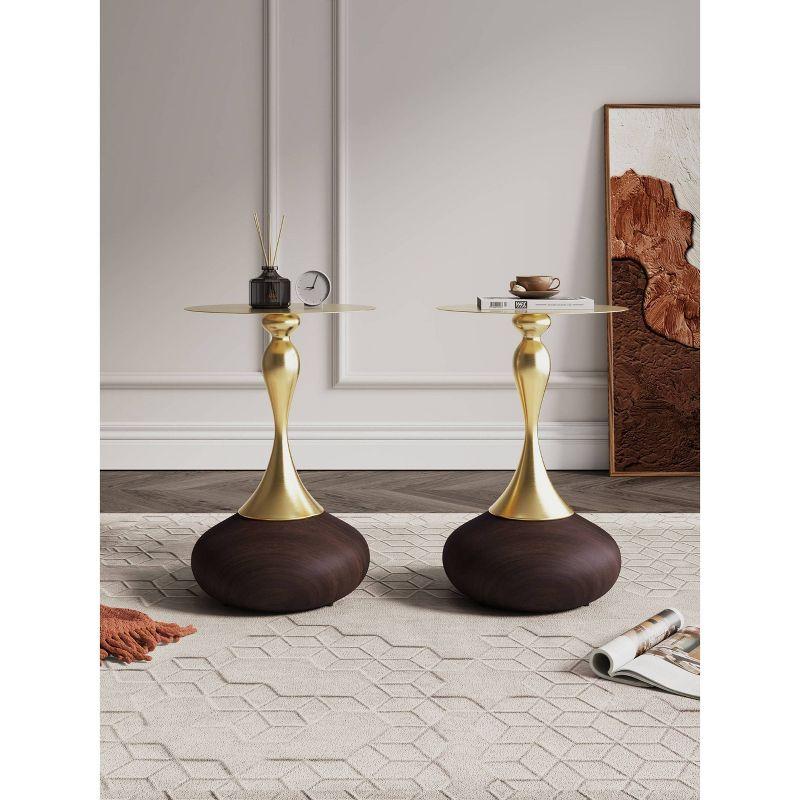 Manhattan Comfort Set of 2 Patchin End Tables with Round Metal Base and Gold Tabletop Brown Wood