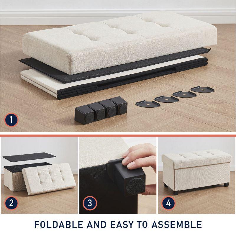 Ornavo Home Foldable Tufted 30 Inch Linen Bench Storage Ottoman with Legs - Black