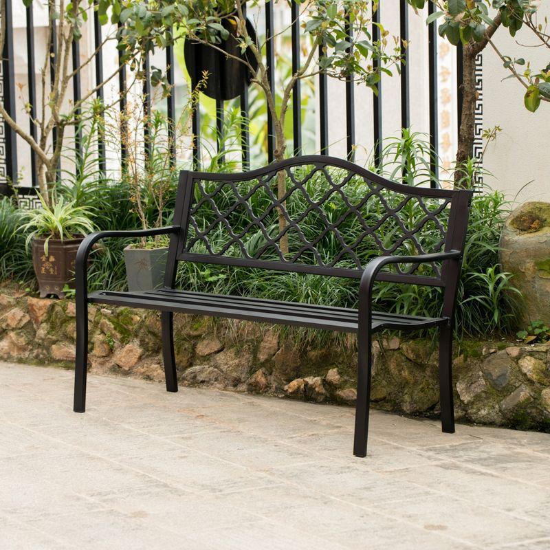 Gardenised Outdoor Garden Patio Steel Park Bench Lawn Decor with Cast Iron Back, Black Seating bench for Yard, Patio, Garden and Deck