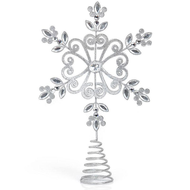 Silver Glitter Floral Snowflake Metal Tree Topper