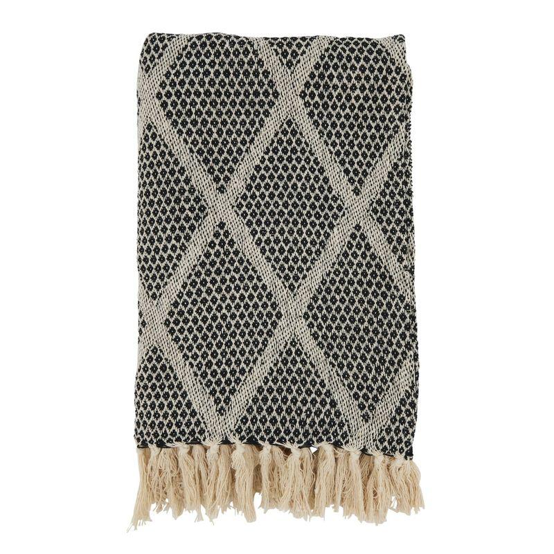 Black and Beige Diamond-Patterned Knit Fringed Cotton Throw, 50"x60"