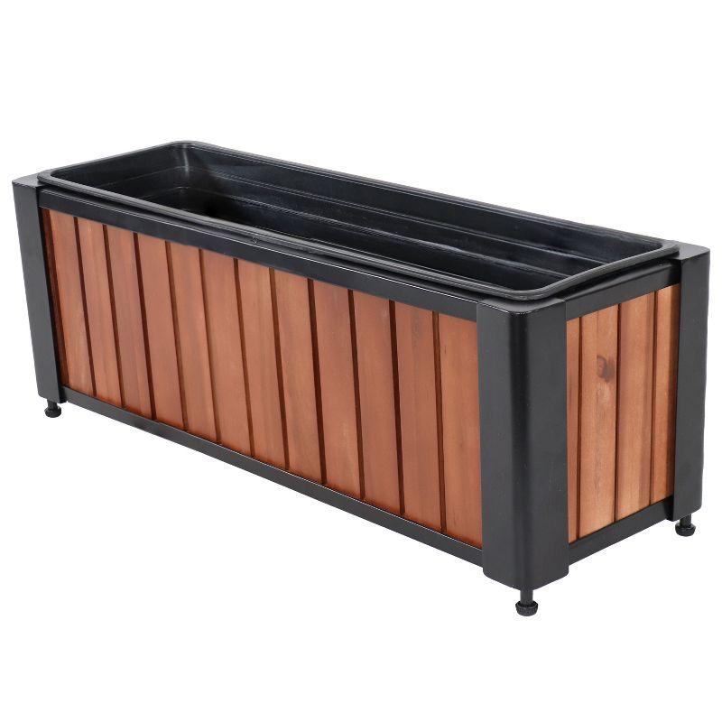 24" Brown Acacia Wood and Black Steel Planter Box with Removable Insert