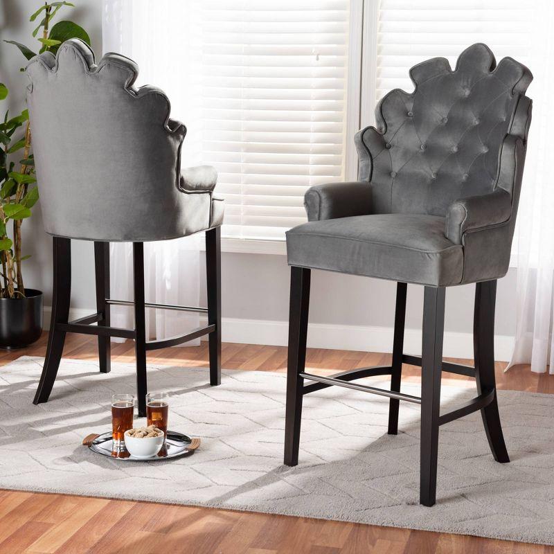 2pc Chloe Velvet Upholstered and Wood Barstool Set Dark Gray - Baxton Studio