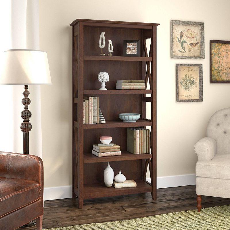 Transitional Bing Cherry Adjustable Wood Bookcase with X-Pattern Accents