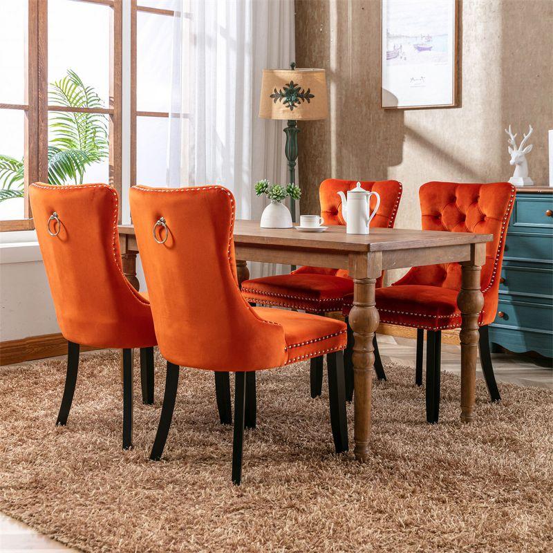 Set of 2 Orange Velvet Tufted Dining Chairs with Wood Legs