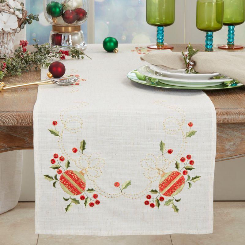 Saro Lifestyle Embroidered Ornament Holly Design Holiday Linen Blend Table Runner