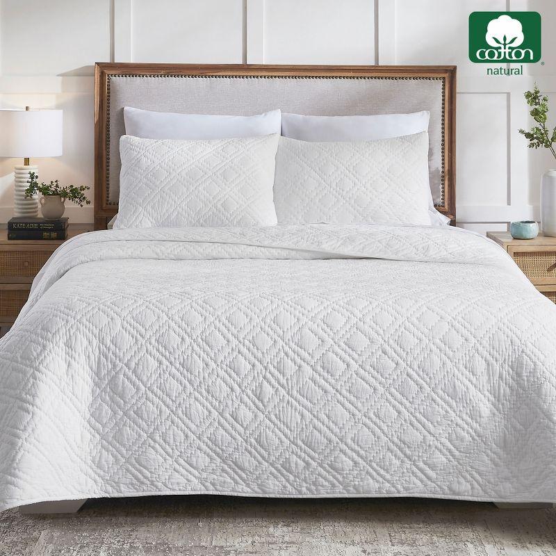 Luxury 100% Cotton Quilt Set, Hand-Quilted, Pre-Softened, Diamond Pattern by California Design Den - White, King