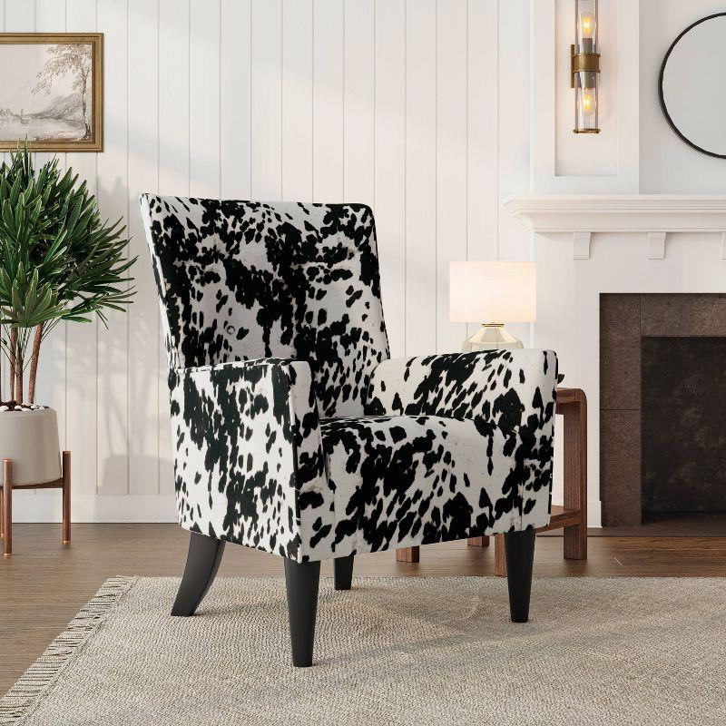 Velvet Black Cow Print Wingback Accent Chair with Flared Arms