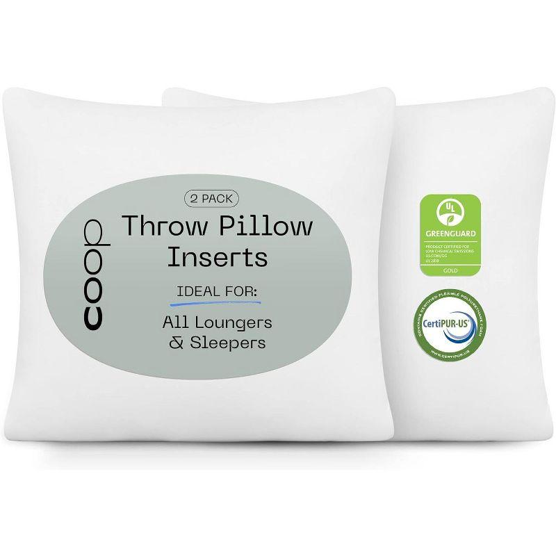 Coop Home Goods Throw Pillow Inserts Set of 2, 12 x 20 Inches White Square Indoor Decorative Pillow Inserts Adjustable Memory Foam Fill Pack of 2