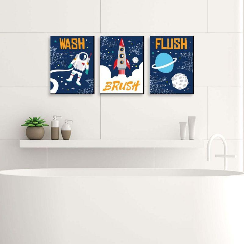 Big Dot of Happiness Blast Off to Outer Space - Kids Bathroom Rules Wall Art - 7.5 x 10 inches - Set of 3 Signs - Wash, Brush, Flush