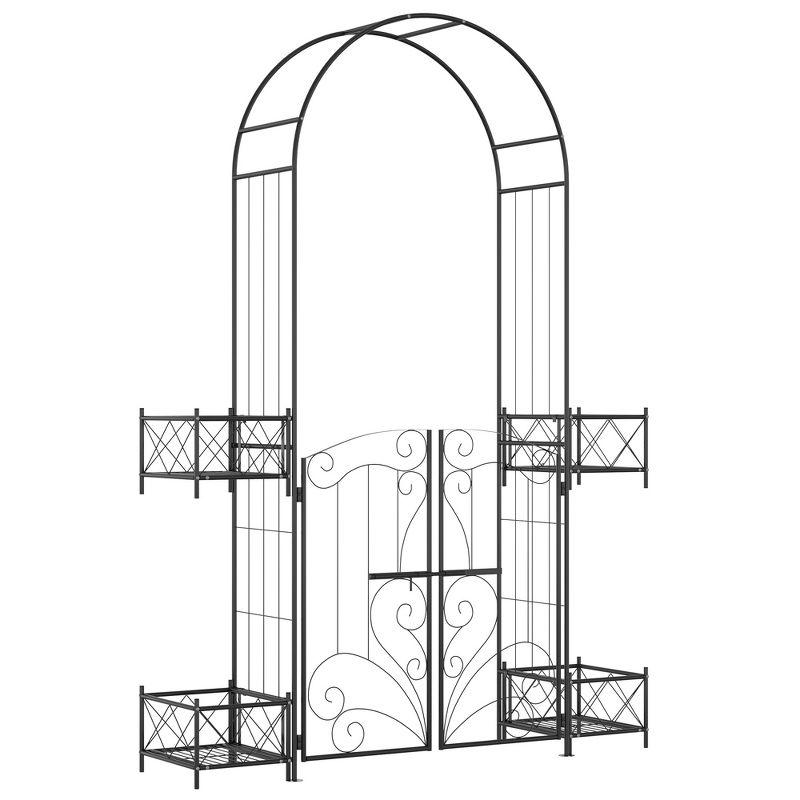 Black Metal Garden Arbor with Scrollwork Hearts and Planter Boxes