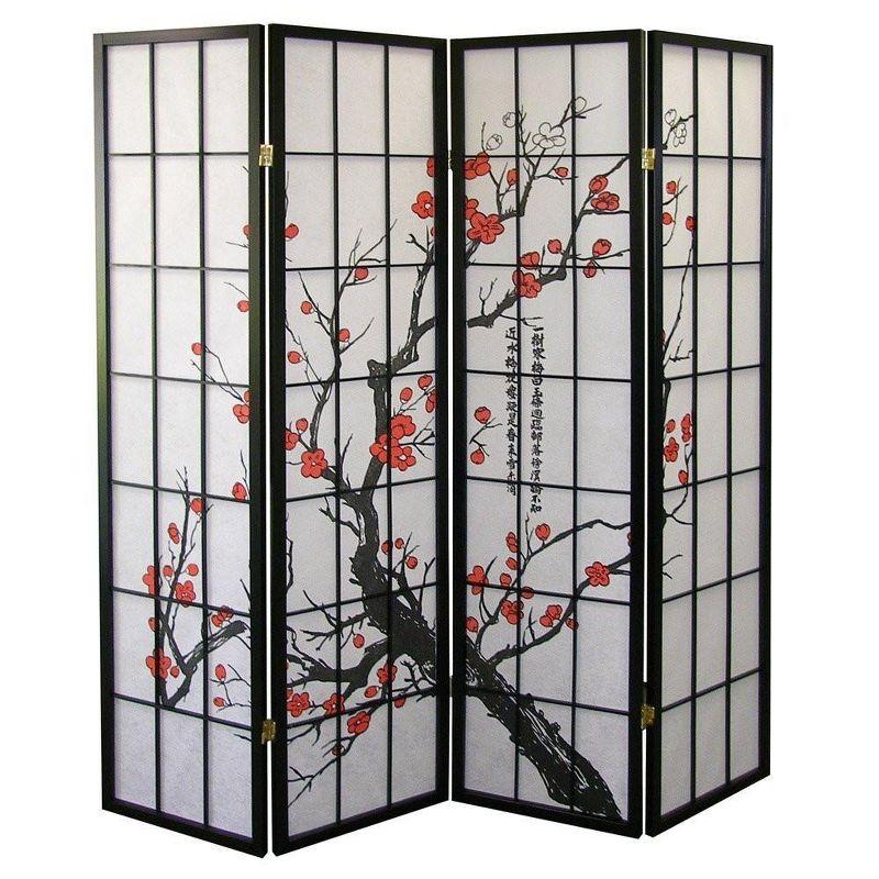 Black and White 4-Panel Shoji Screen with Plum Blossom Design