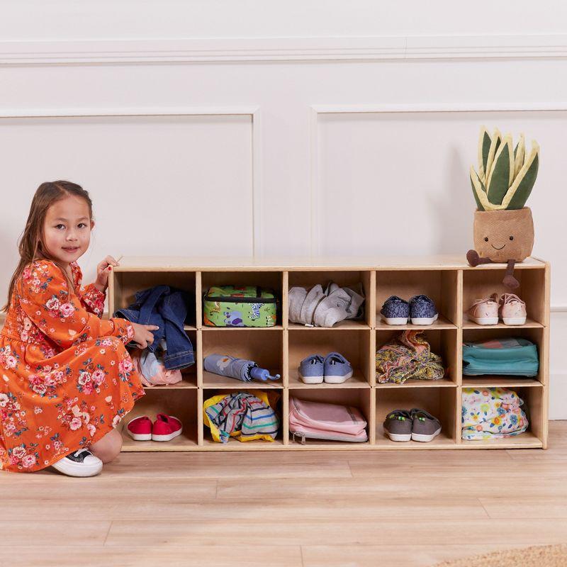 Natural Birch 15-Cubby Tray Storage Cabinet for Kids