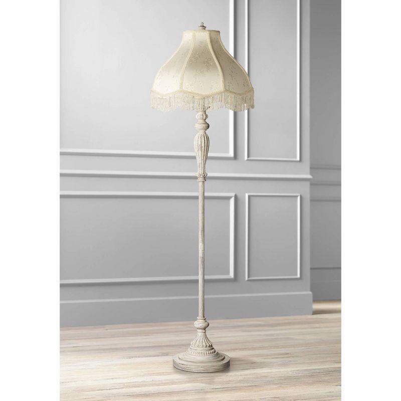 360 Lighting Vintage Shabby Chic Floor Lamp 60" Tall Antique White Cream Scallop Fabric Dome Shade Fringe for Living Room Reading Bedroom