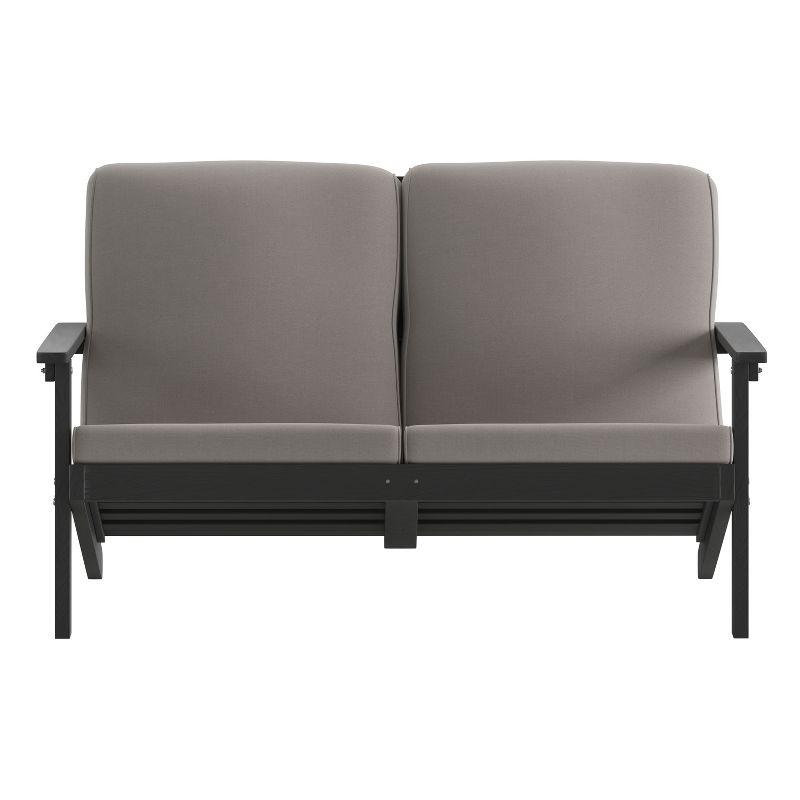 Flash Furniture Charlestown All-Weather Poly Resin Wood Adirondack Style Deep Seat Patio Loveseat with Cushions, Black/Charcoal