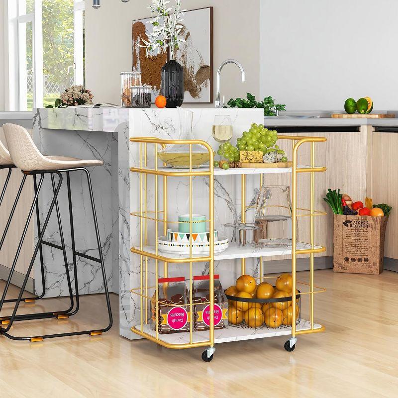 Tangkula 3 Rolling Bar Cart Gold 3-Tier Kitchen Utility Cart Steel Frame w/ Marble-Finish Top & Convenient Handle Lockable Casters Metal Serving Cart