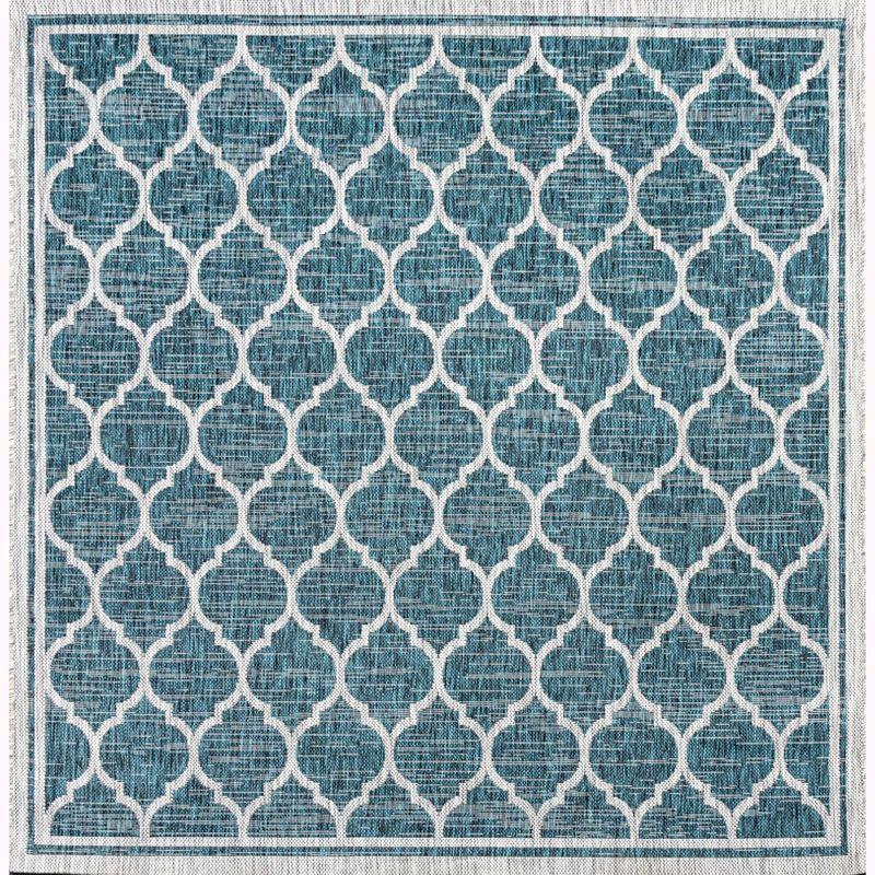 5' Square Trebol Moroccan Trellis Textured Weave Indoor/Outdoor Area Rug, Teal/Gray - JONATHAN Y