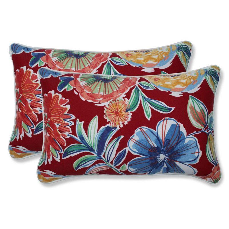 Berry Red Floral Outdoor Lumbar Throw Pillows, 11.5"x18.5", Set of 2