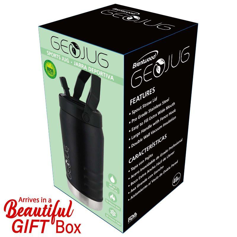 Brentwood Vacuum-Insulated Stainless Steel Sports Water Jug with Spout Straw Lid, and Handle with Fence Hook (40 Oz.; Black)