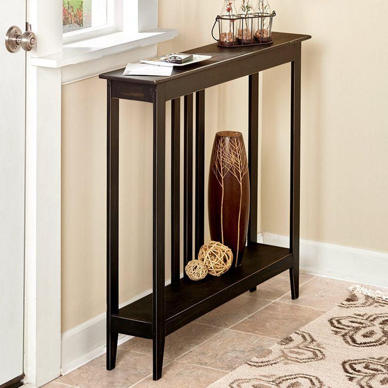 Slim Black Wood Console Table with Storage Shelf