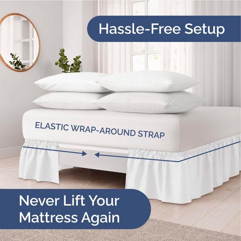 CGK Linens Elastic Wrap-Around Dust Ruffled Bed Skirt - Easy Fit with Pleated 12" Drop in White, Size Queen