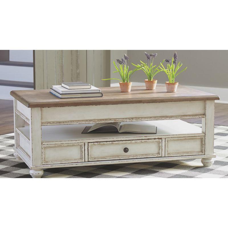 Realyn Coffee Table with Lift Top White/Brown - Signature Design by Ashley: Mid-Century Style, Storage, Wood Legs