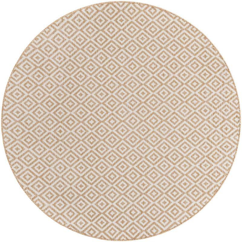 Beige Geometric Round Stain-Resistant Outdoor Rug