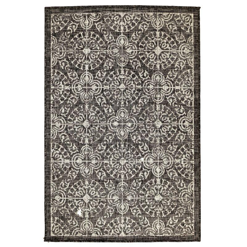 Antique Tile Medallion 39" Round Indoor/Outdoor Black Rug