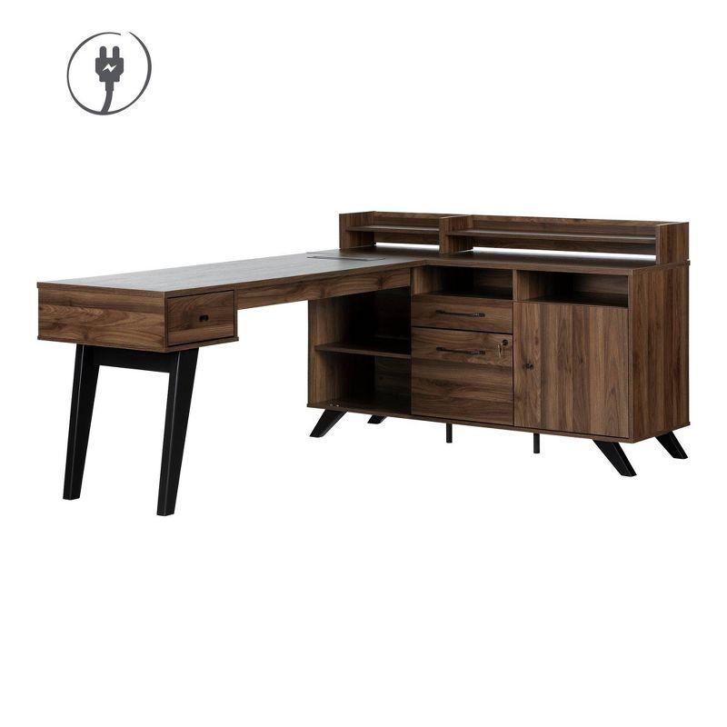 Natural Walnut L-Shaped Executive Desk with Hutch and Power Outlet