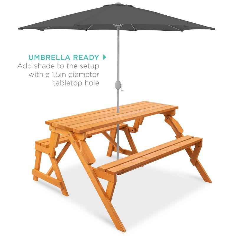 Natural Fir Wood 2-in-1 Outdoor Picnic Table and Garden Bench with Umbrella Hole