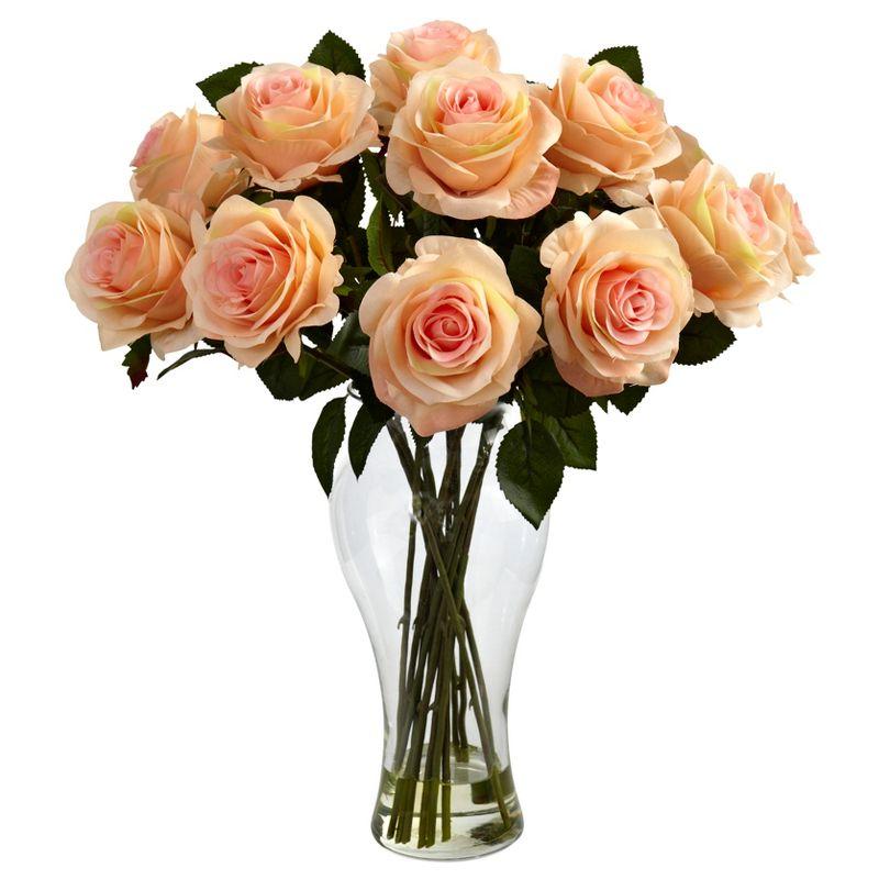 Peach Blooming Roses in Decorative Glass Vase, 22-inch