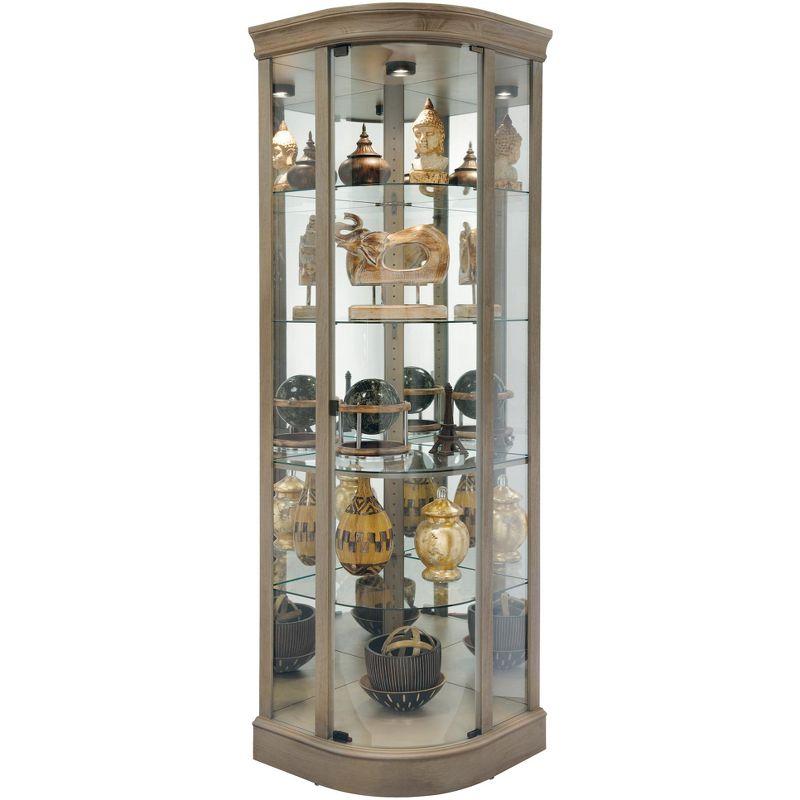 Aged Gray Lighted Corner Curio Cabinet with Glass Shelves