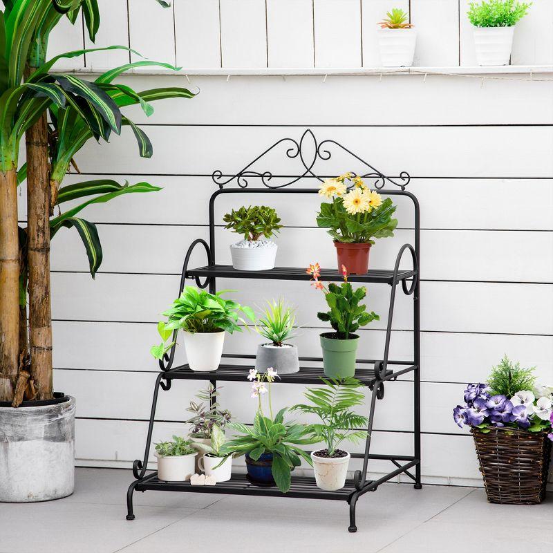 Outsunny Outdoor Plant Stand, 3 Tier Metal Plant Shelf, Plant Display Storage Organizer for Indoor Outdoor Patio Balcony Yard