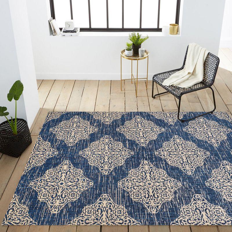 4'x6' Tuscany Ornate Medallions Indoor/Outdoor Area Rug, Navy/Beige - JONATHAN Y