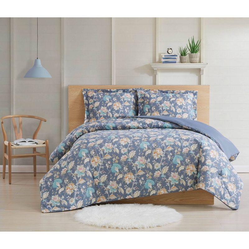 Slate Blue Floral King Comforter Set with Reversible Design