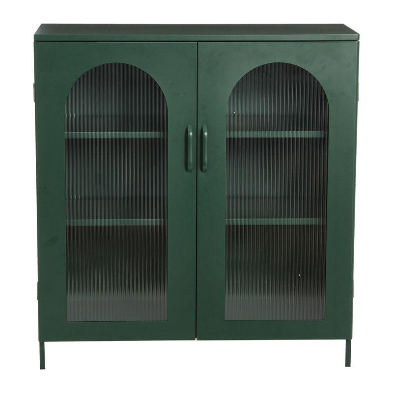 Storied Home Wide Metal Accent Cabinet with 2 Adjustable Storage Shelves and Arched Glass Door Dark Green: Elegant Design, 39.96" Height