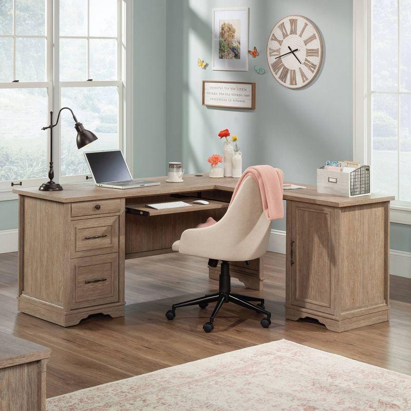 Brushed Oak L-Shaped Executive Desk with Drawers and Keyboard Tray