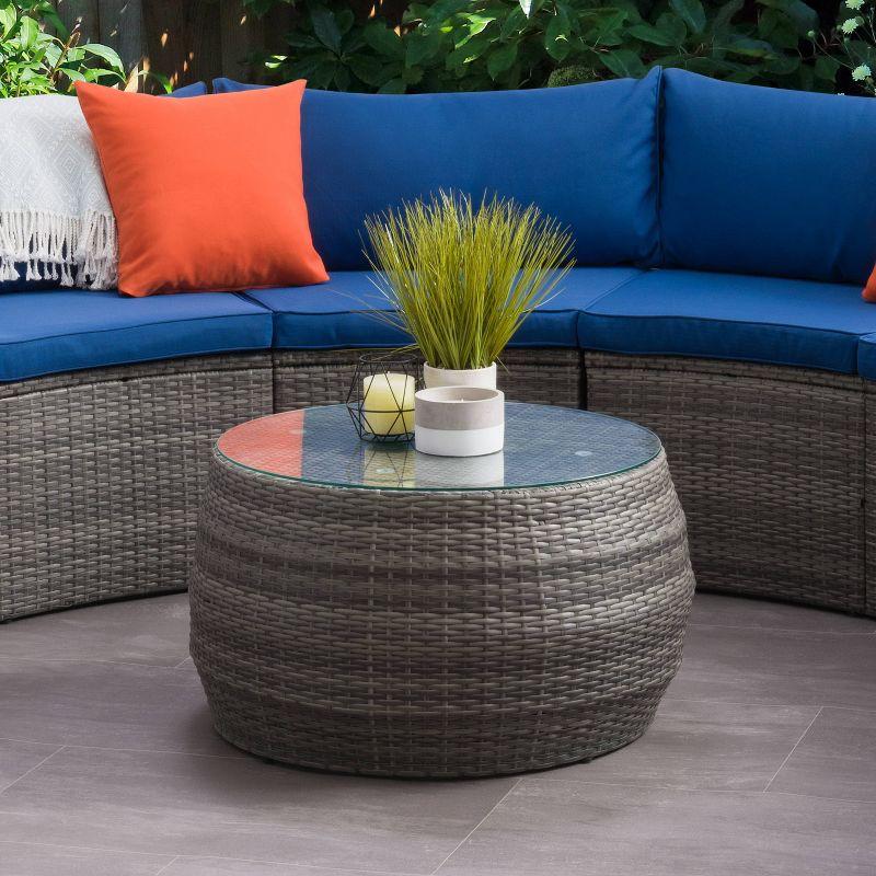 Parksville Gray Round Wicker Patio Coffee Table with Glass Top