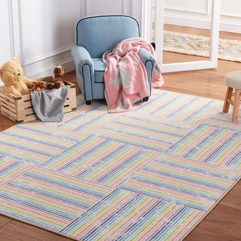 Ivory and Blue Geometric Stripes Kids Playhouse Rug, 6'7" x 9'