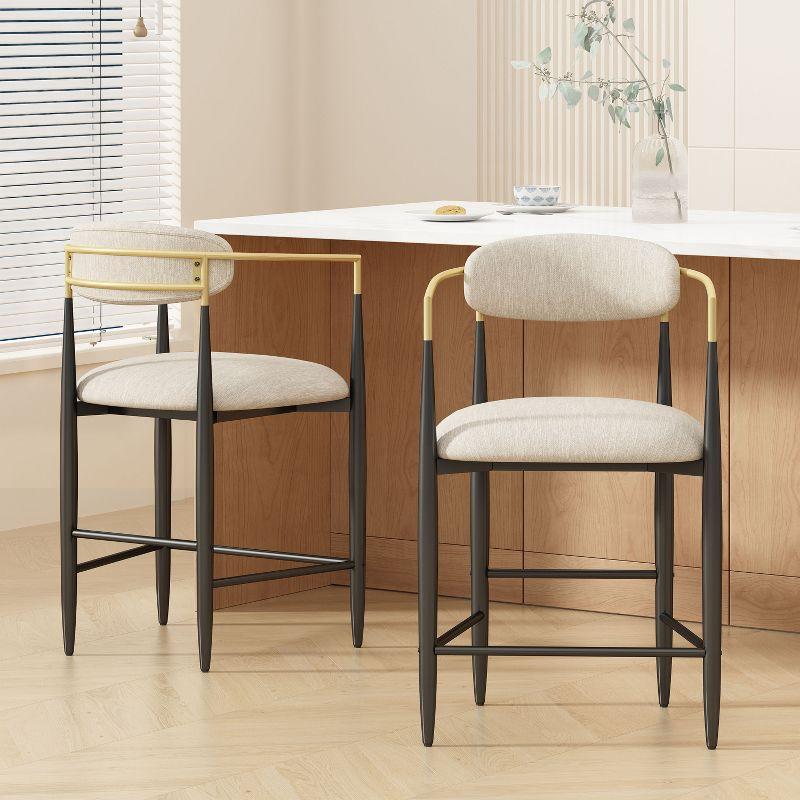 Beige and Black Upholstered Iron 25'' Counter Stools, Set of 2