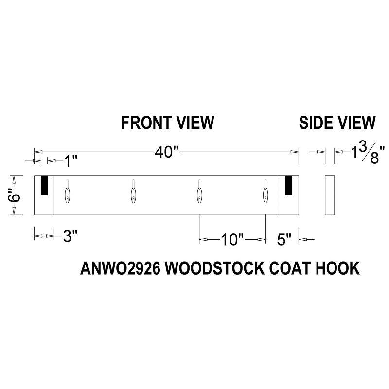 40" Wide Woodstock Acacia Wood with Metal Inset Coat Hook Brushed Driftwood - Alaterre Furniture: Wall Mounted, Entryway Storage, 4 Hooks
