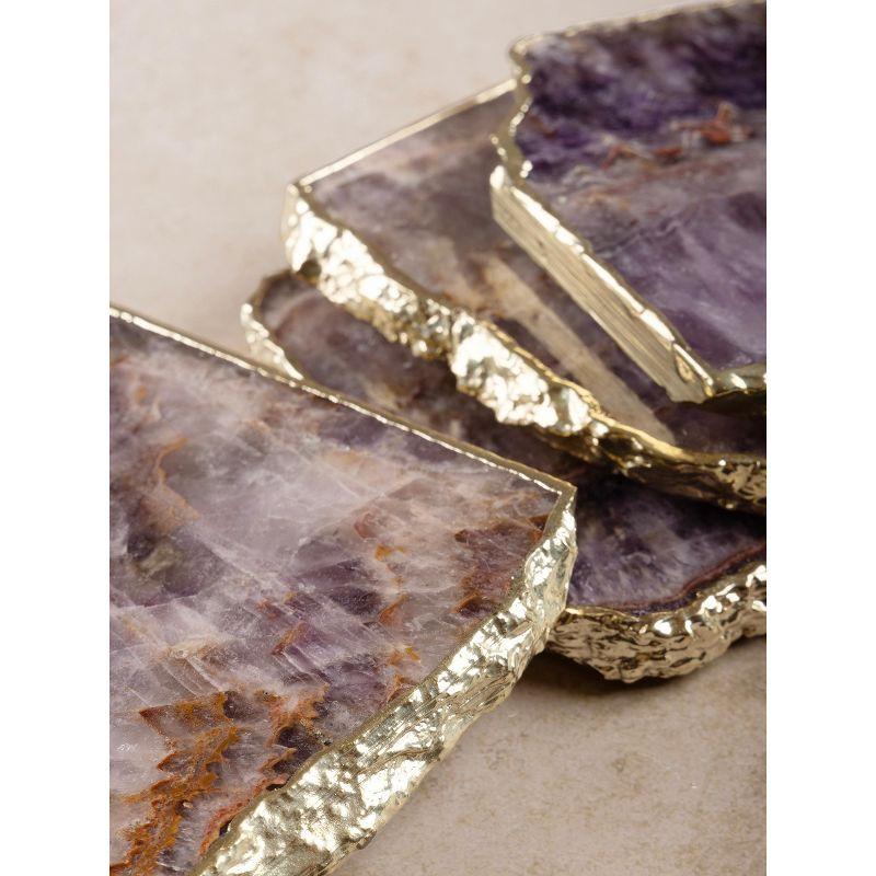 Dazzle Amethyst Stone Coasters with Gold Edges, Set of 4