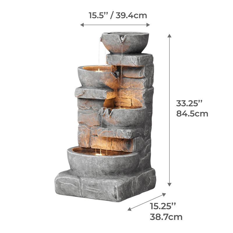 Stone Gray Cascading Bowls and Stacked Stones LED Outdoor Fountain