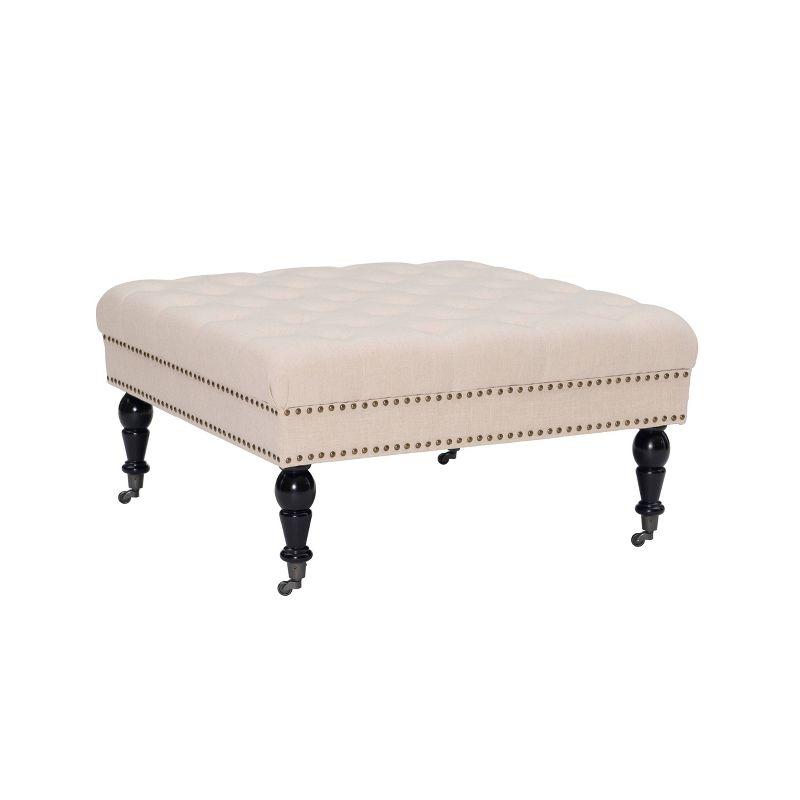 Isabelle 35" Tufted Linen Ottoman with Nailhead Accents