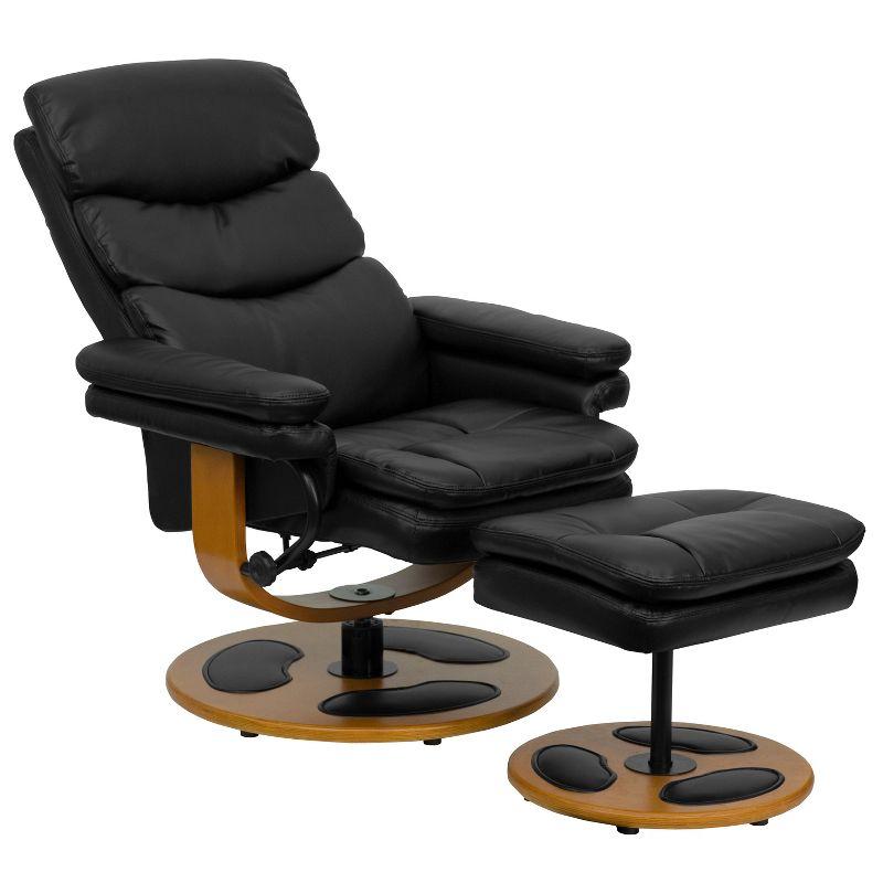 Luxurious Black Leather Swivel Recliner with Wood Base and Ottoman